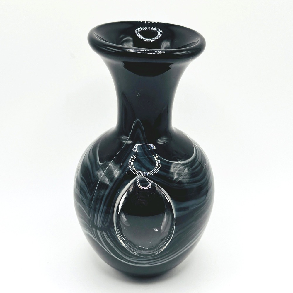 Hand Blown Art Glass Vase Black White Swirl Loop Handle Sculptural Bud Vase